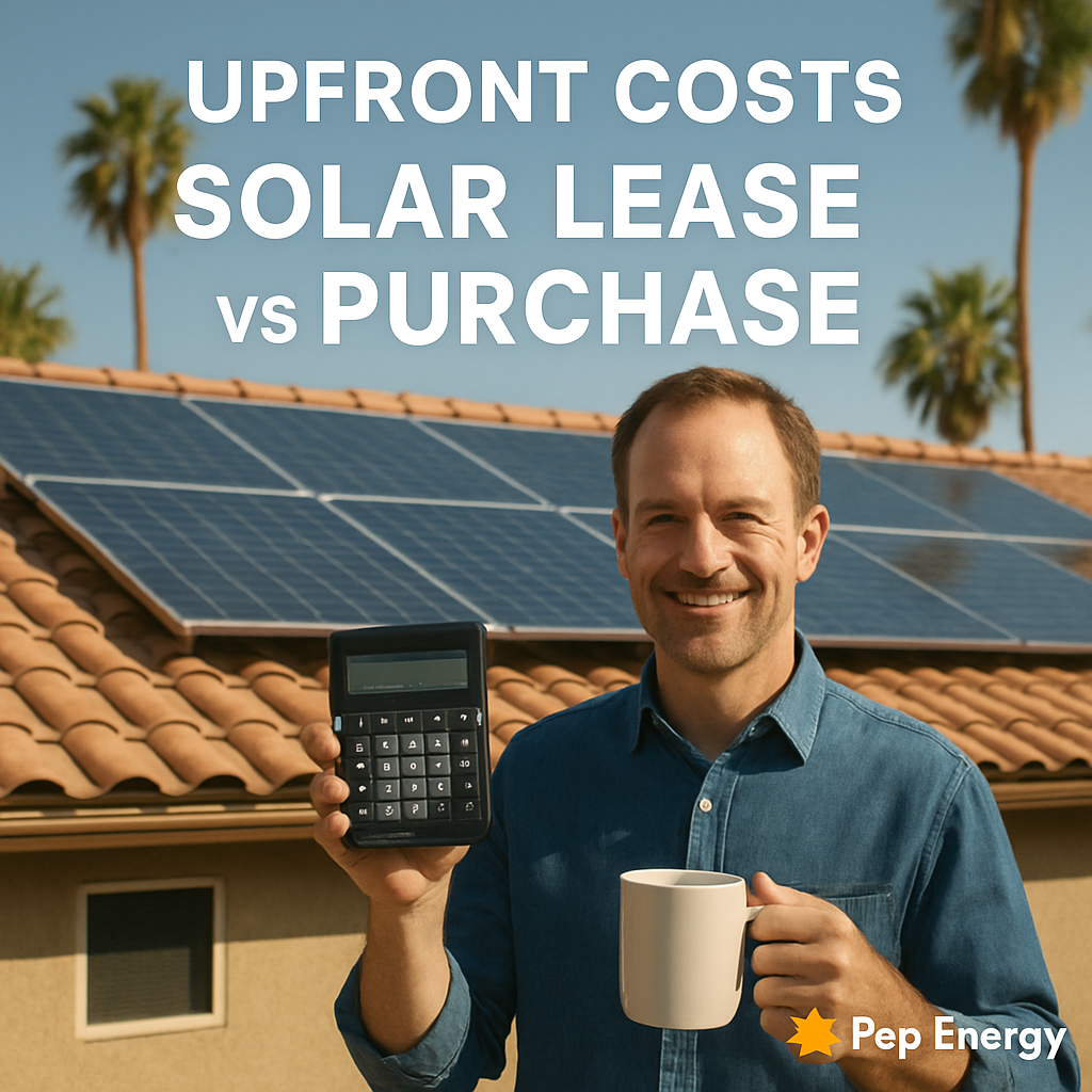 Solar Panel Lease vs Purchase: 7 Key Factors to Consider 1 A sun‑lit Arizona home roof with solar panels installed, showing a homeowner holding a calculator and a coffee mug, illustrating the comparison of leasing versus buying upfront costs. Alt: Upfront costs solar lease vs purchase comparison on an Arizona roof.