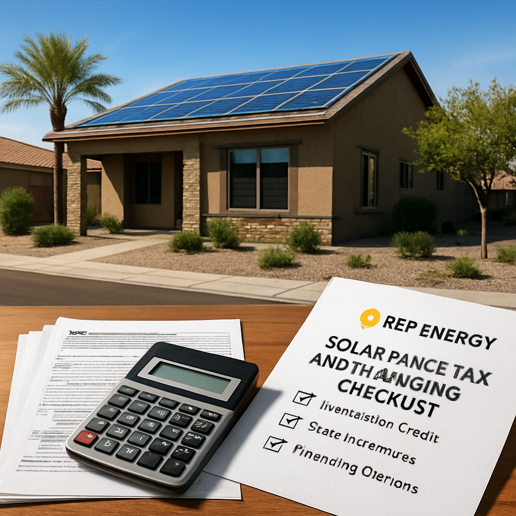 Solar Panel Lease vs Purchase: 7 Key Factors to Consider 2 A sunny Arizona neighborhood with a modern home showing solar panels on the roof, a calculator and a stack of tax forms on a kitchen table, representing the mix of tax credits, rebates and financing decisions. Alt: Solar panel tax credit and financing checklist.