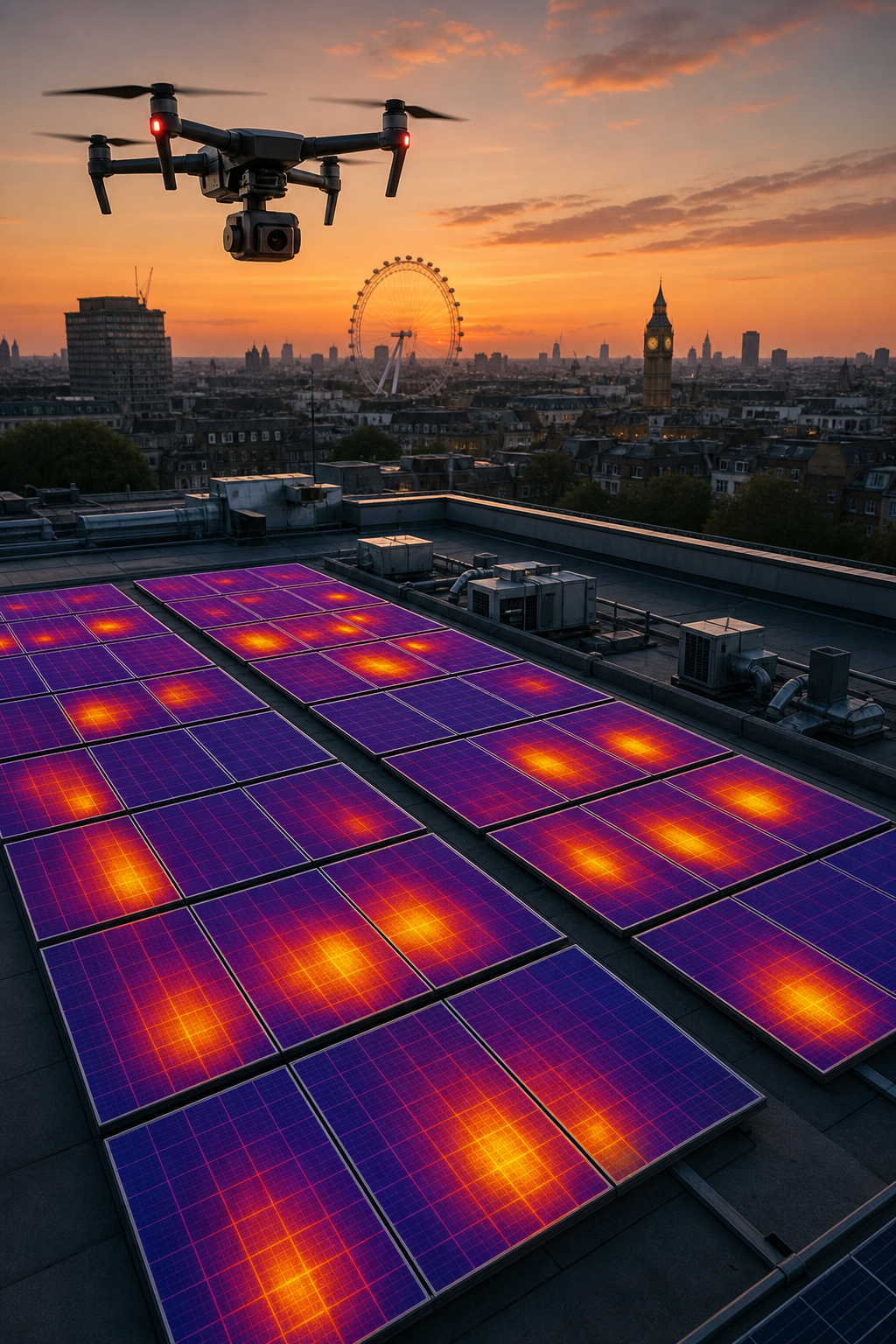 A drone hovers above a large commercial flat roof with solar panels, capturing thermal imaging data at sunset. The image shows a colorized thermal overlay on the panels, indicating hot spots. Alt: Drone performing thermal imaging inspection of commercial solar panels on a flat roof at dusk.