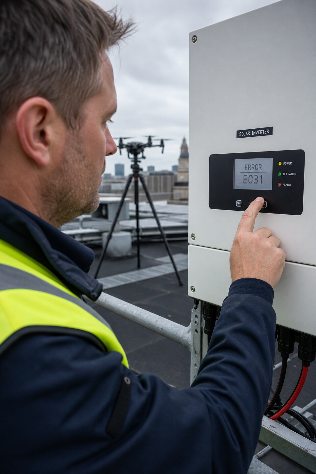 A close-up of a solar inverter with a technician checking the display, showing error codes. In the background, a drone is visible on a tripod. Alt: Technician inspecting solar inverter on commercial rooftop with drone equipment nearby.