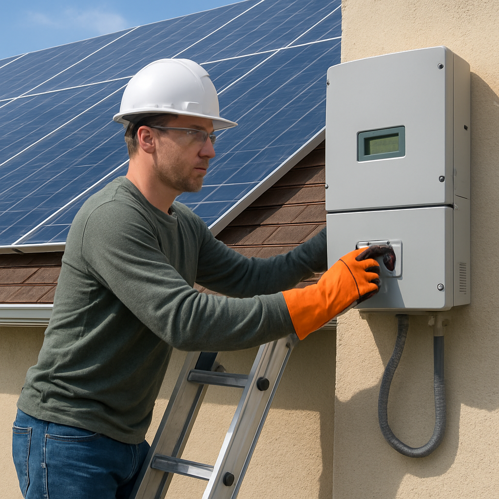 Solar panel maintenance guide: Keep Your System Running Efficiently 1 A homeowner safely standing on a ladder next to solar panels, wearing insulated gloves and safety glasses, checking the inverter shutoff switch. Alt: Safe solar panel maintenance shut down procedure