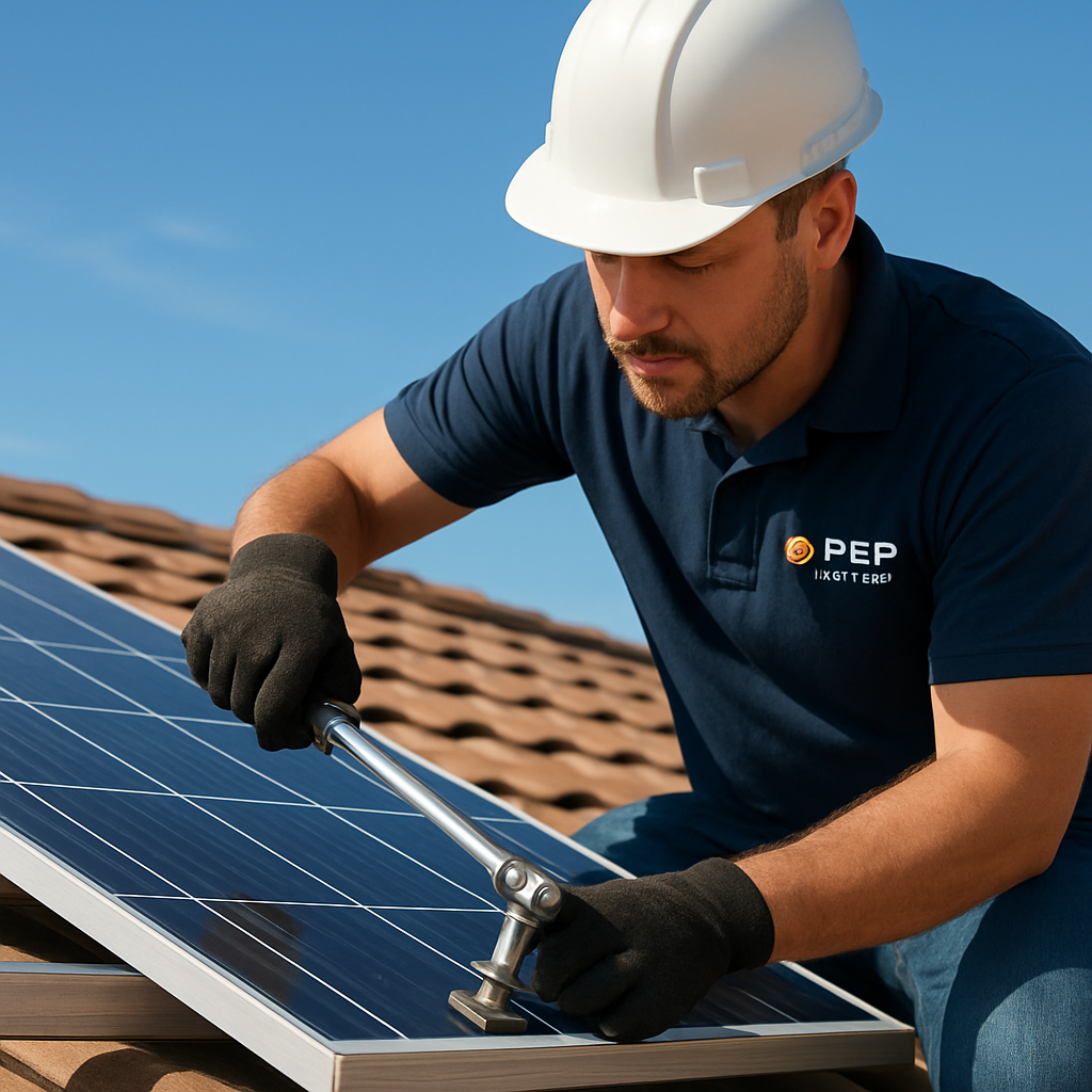 Solar panel maintenance guide: Keep Your System Running Efficiently 2 A solar panel array on a residential roof with a technician using a torque wrench on a mounting bracket, showing clear sky and a close‑up of the bolt. Alt: Solar panel mounting inspection for solar panel maintenance
