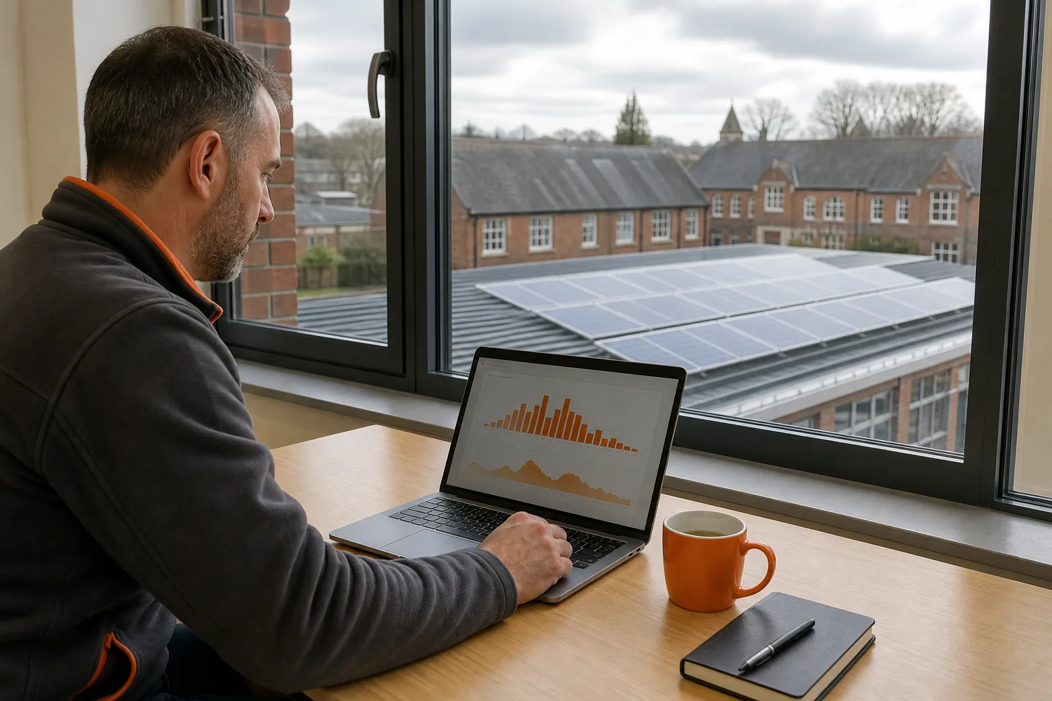 Facilities manager reviewing solar panel performance data at a UK school.