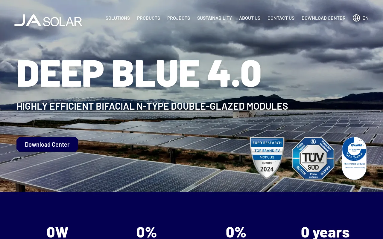 Screenshot of the JA Solar DeepBlue 4.0 website