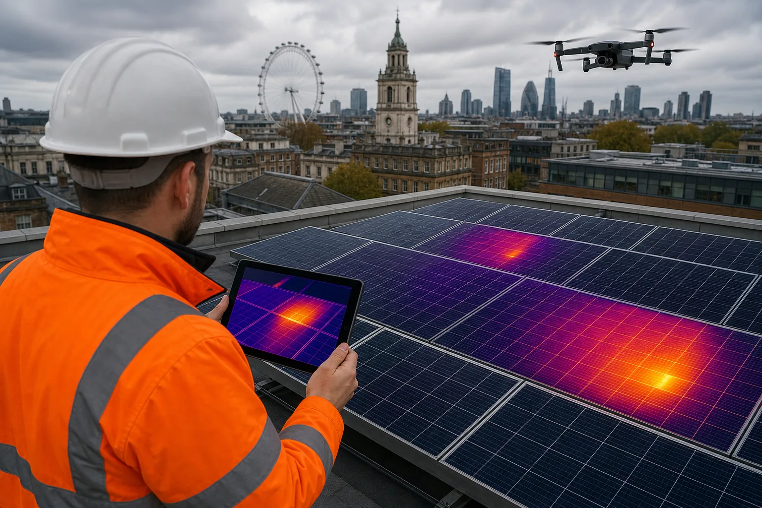 Drone thermal imaging showing hot spots on a commercial solar PV array.