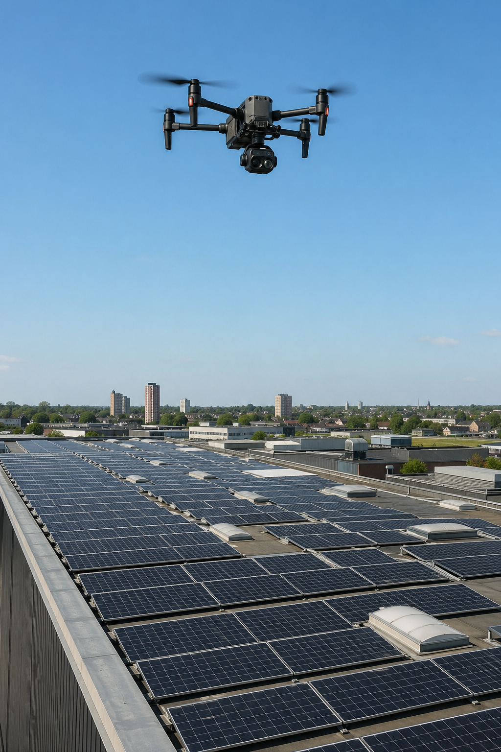 A drone equipped with a thermal camera flying over a large commercial rooftop covered in solar panels, capturing infrared data. The image shows the drone against a clear blue sky, with the solar array stretching across the building. Alt: Drone conducting thermal imaging survey of commercial solar panels on rooftop