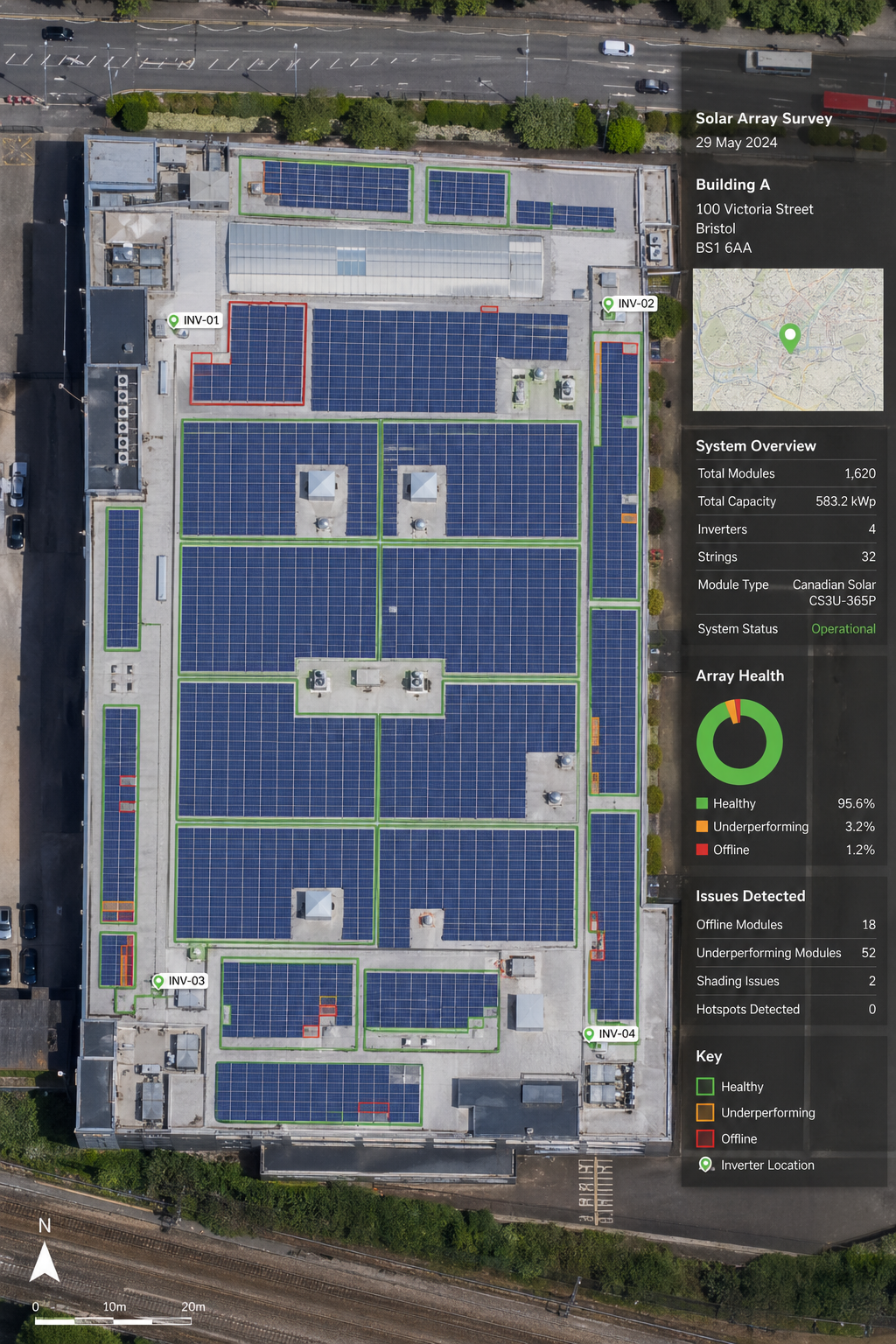 A detailed orthomosaic map of a commercial rooftop solar array created from drone images, showing panel layout and overlay data. Alt: Orthomosaic map of commercial solar panel array from drone survey