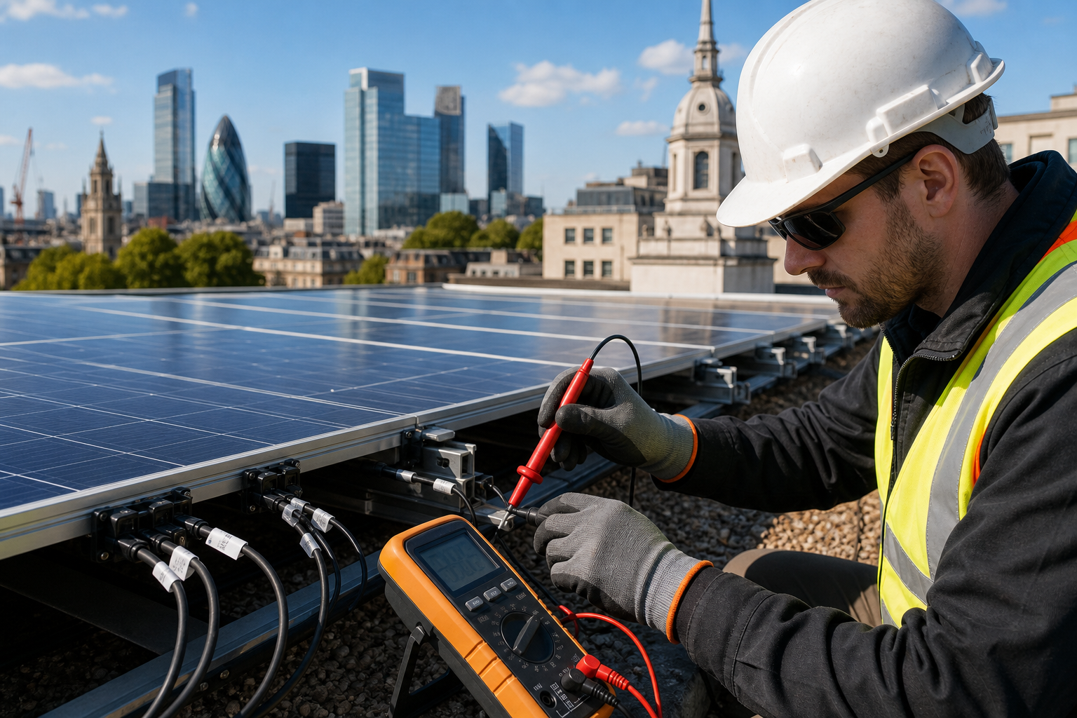 electrical tests during solar panel testing on a commercial PV system