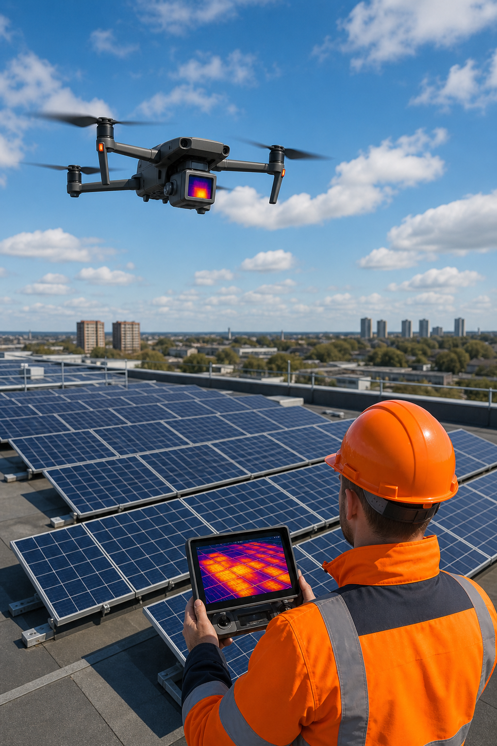 A drone with a thermal camera flying over a commercial rooftop solar array on a bright day, capturing high-resolution thermal data. Alt: Visual Perspectives drone performing solar panel thermal imaging inspection on commercial rooftop.