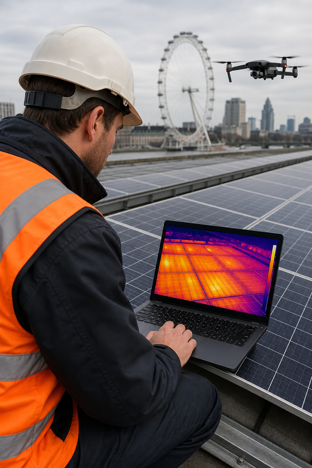 A thermographer reviewing a thermal image of solar panels on a laptop, with a drone visible in the background. Alt: Technician analysing solar panel thermal imaging inspection results for IEC 62446 compliance.