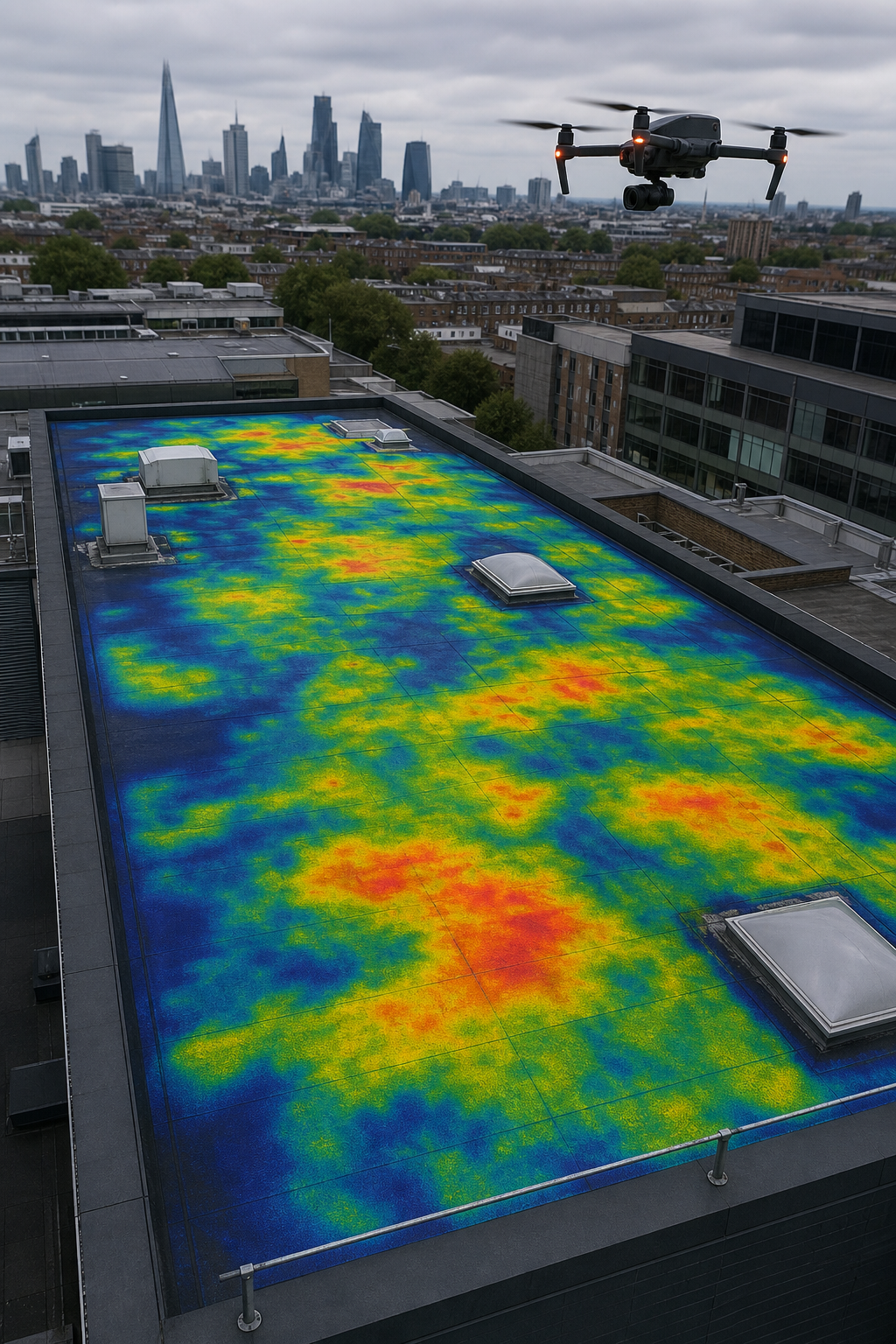 A detailed aerial thermal image overlay on a commercial flat roof, showing color-coded temperature gradients that indicate moisture pockets under the membrane. Alt: Thermal drone survey detecting roof moisture before solar installation.