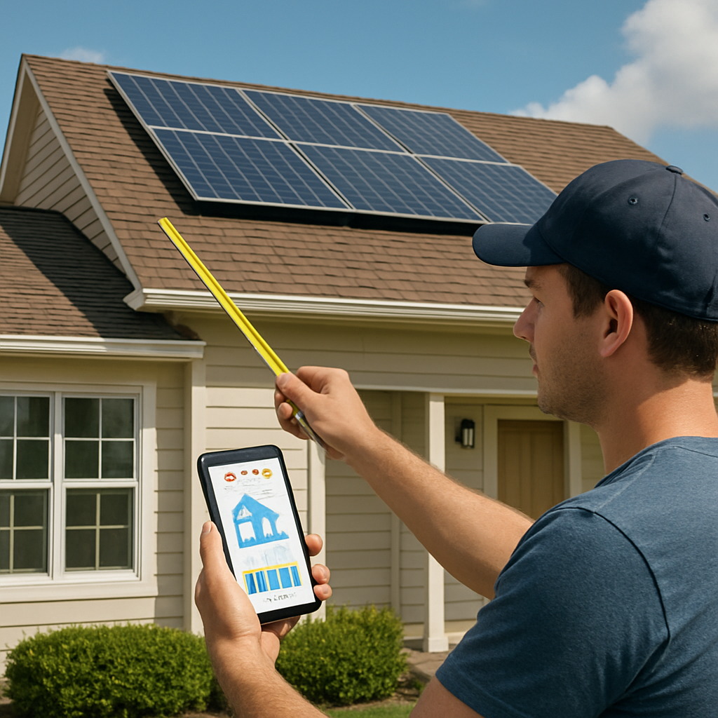 A sunny suburban house with a clear view of the roof, showing a homeowner using a tape measure and a smartphone solar calculator app. Alt: Homeowner assessing solar panel potential on roof