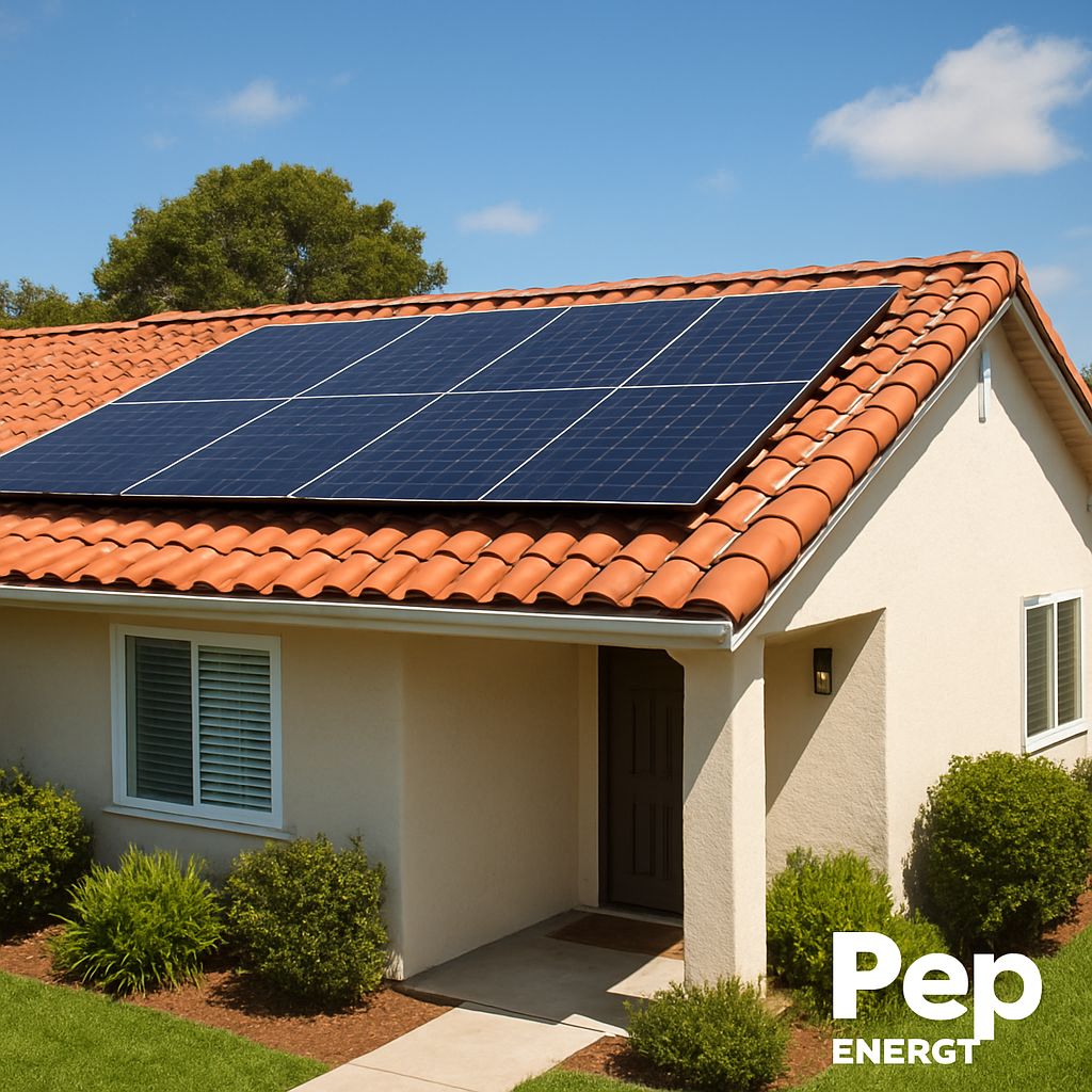 A sunny suburban home with red terracotta tile roof and sleek low‑profile solar panels installed, showing the mounting brackets nestled between tiles. Alt: solar panels on tile roof installation