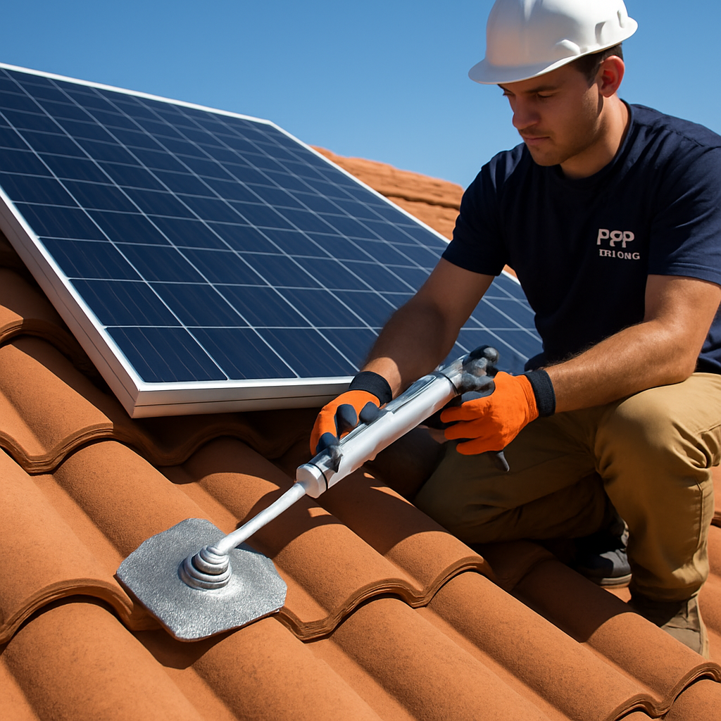 A sunny rooftop with terracotta tiles, a solar installer applying silicone sealant around a screw, and a close‑up of a flashing washer. Alt: Secure solar panels on tile roof with proper sealing and flashing.