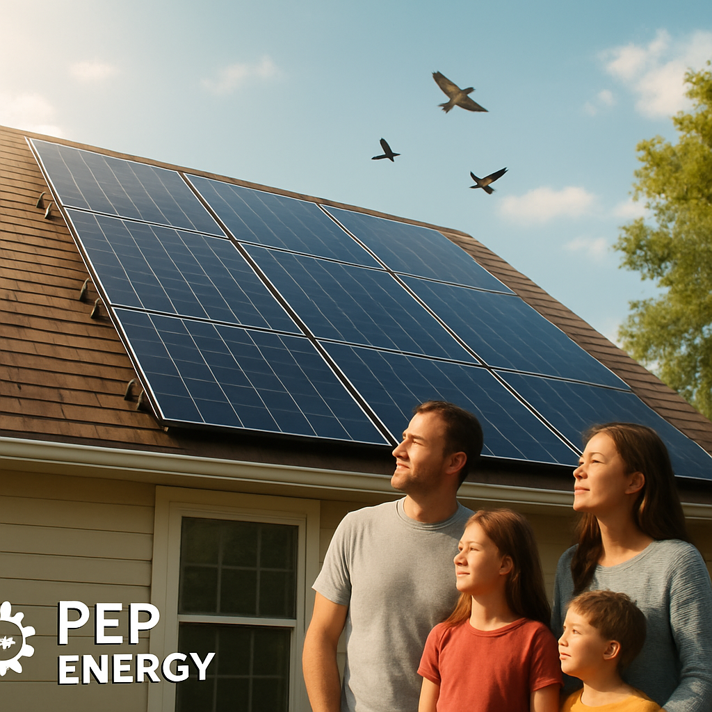 A sunlit suburban roof covered with sleek solar panels, a family watching birds nearby, showing clean energy in everyday life. Alt: Solar panels on a residential roof reducing carbon emissions