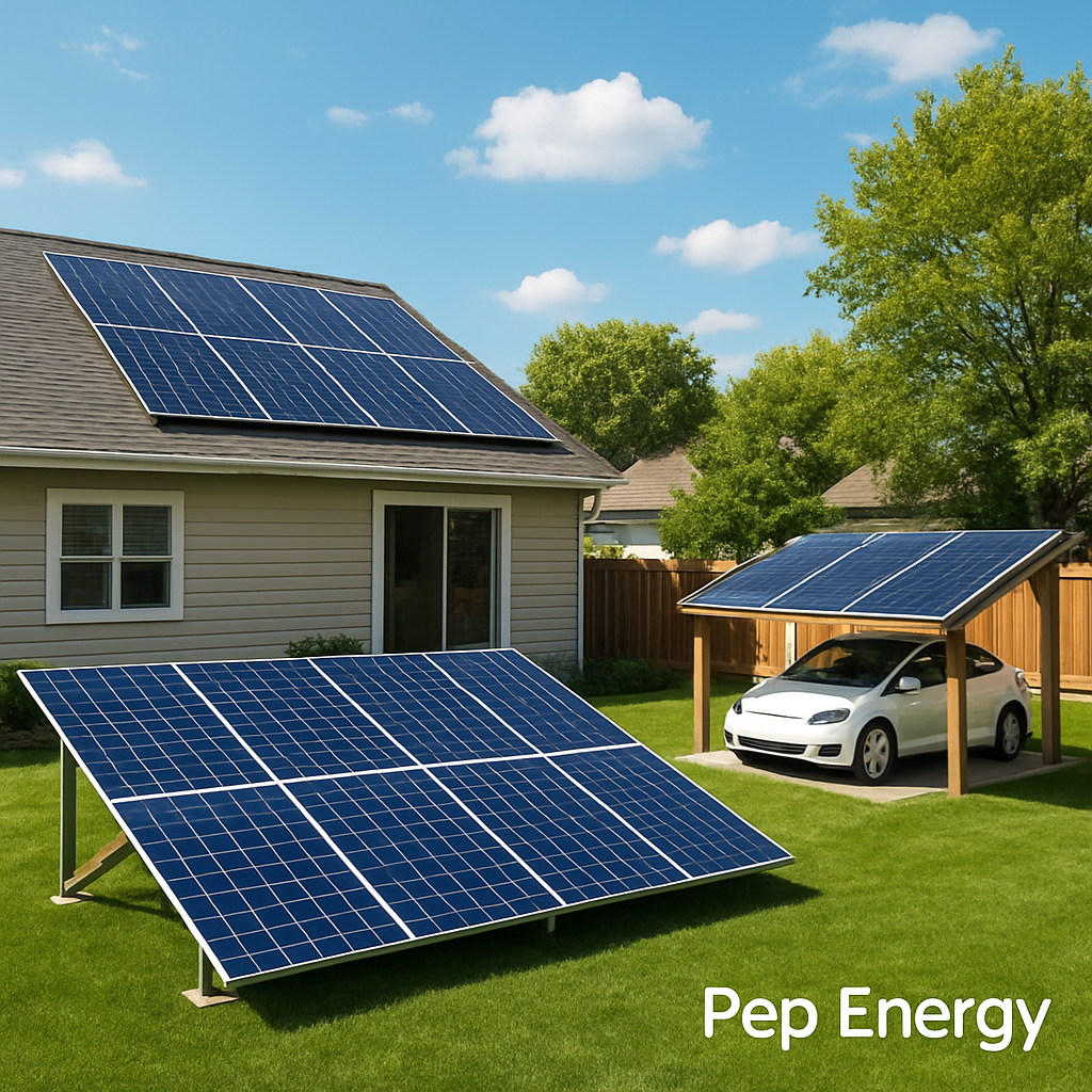A sunny suburban backyard showing both a roof‑mounted solar array on a house and a ground‑mounted panel field with a small carport, illustrating the two installation options side by side. Alt: Comparative overview of roof‑mounted vs ground‑mounted solar power options