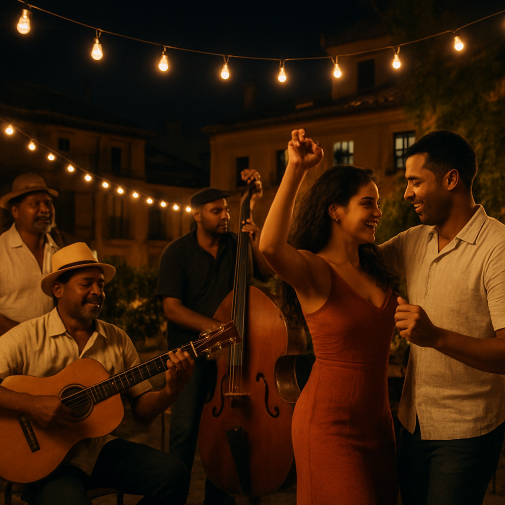 Una escena nocturna en una terraza madrileña con músicos de son cubano tocando, luces cálidas y gente bailando. Alt: son cubano madrid escena en terraza con música y baile.