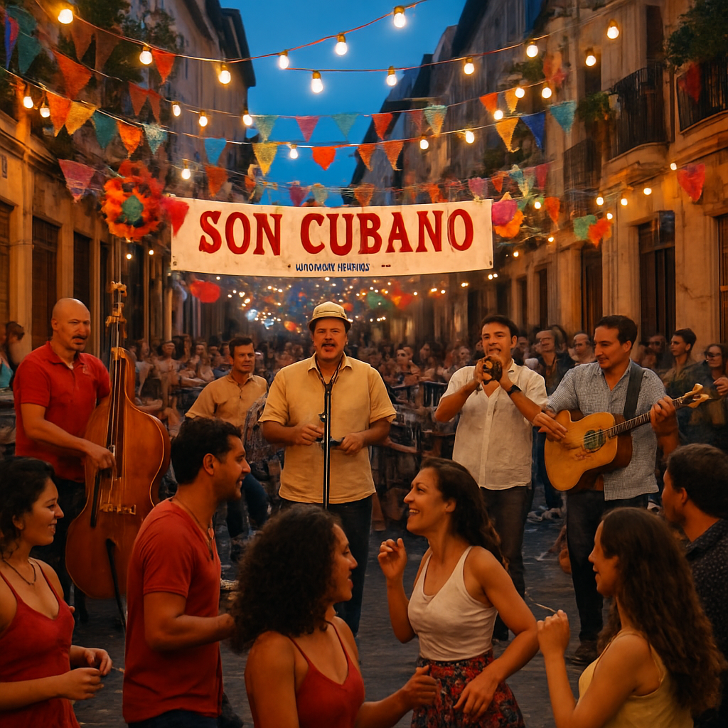 A lively Madrid street during a summer fest, with a live Son Cubano band playing under string lights, audience dancing, and colorful festival decorations. Alt: son cubano madrid evento al aire libre