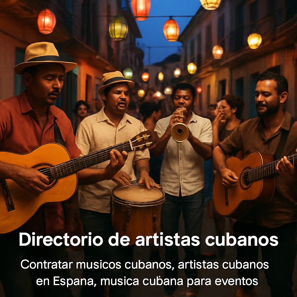 A lively Cuban street band playing son music at dusk, with musicians on guitars, bongos, and trumpet, crowd dancing, colorful lanterns. Alt: Son cubano música en vivo para eventos en Europa.