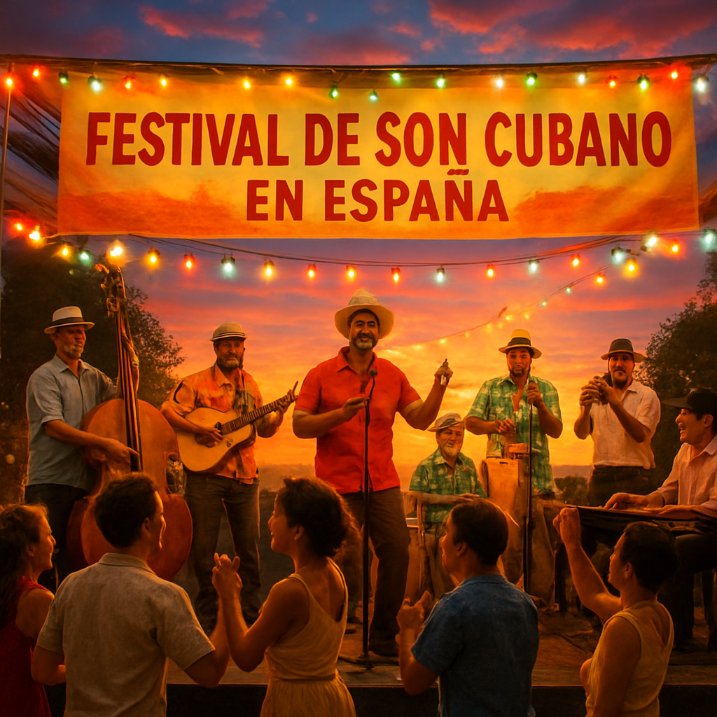 A vibrant scene of a Spanish festival stage at sunset with a Cuban son band playing, audience dancing, colorful lights, and a banner that reads 