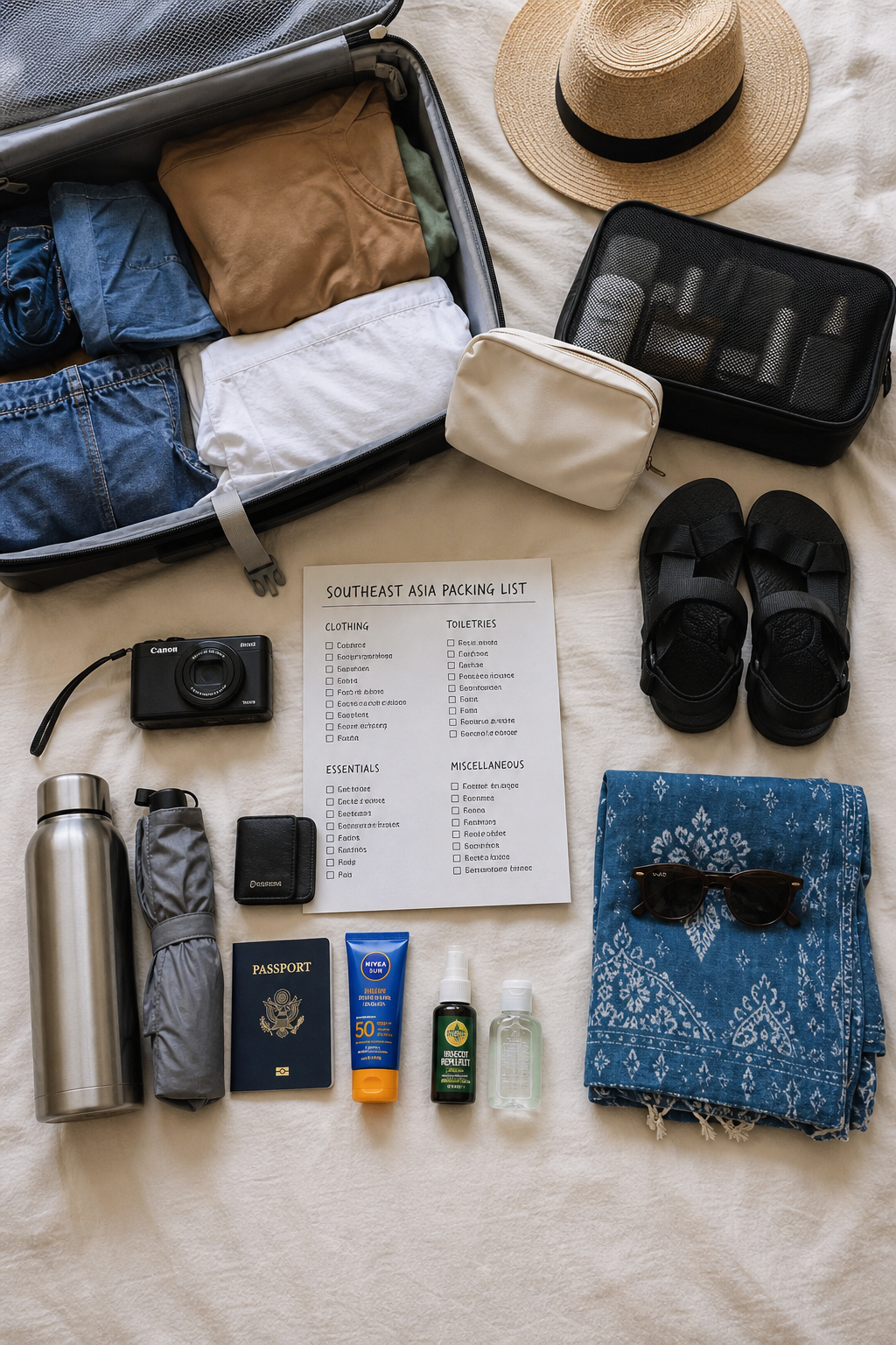 Southeast Asia Packing List: Pack for SEA 3 A photorealistic image related to southeast-asia-packing-list. Alt: southeast-asia-packing-list