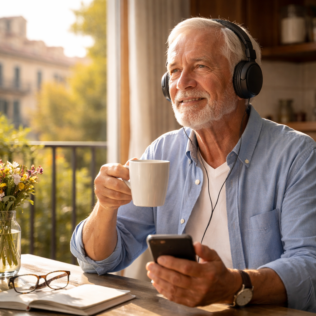 A calm senior listening to a phone with a coffee mug, sunlight streaming in, Realism style, alt: senior listening to Spanish audio lesson while having coffee