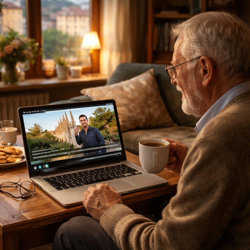 A cozy living room where a senior watches a laptop with Spanish subtitles, Realism style, alt: senior watching Spanish YouTube video with subtitles while sipping tea