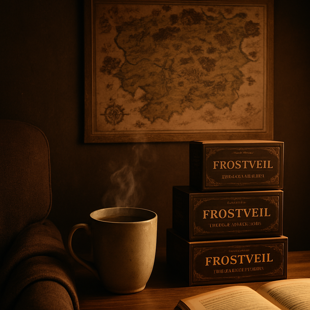 A cozy reading nook with a steaming mug, a fantasy map hanging on the wall, and a stack of Frostveil coffee boxes. Alt: cozy fantasy coffee nook