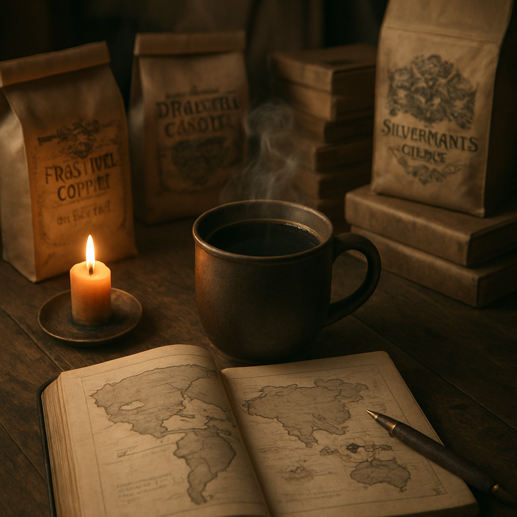 A rustic wooden table with a steaming mug, a candle, and a notebook open, surrounded by stacks of coffee bags. Alt: Cozy coffee ritual with a map of coffee origins