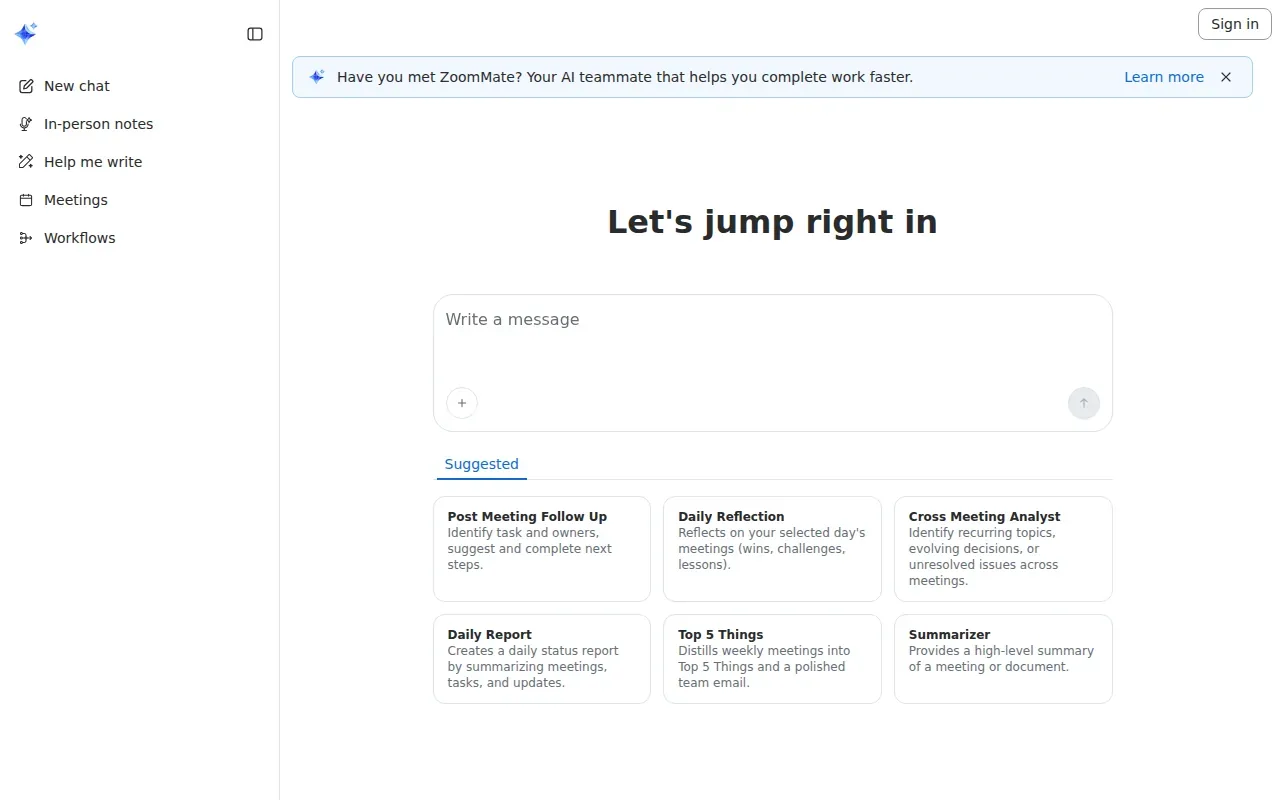 Screenshot of the Zoom AI Companion website