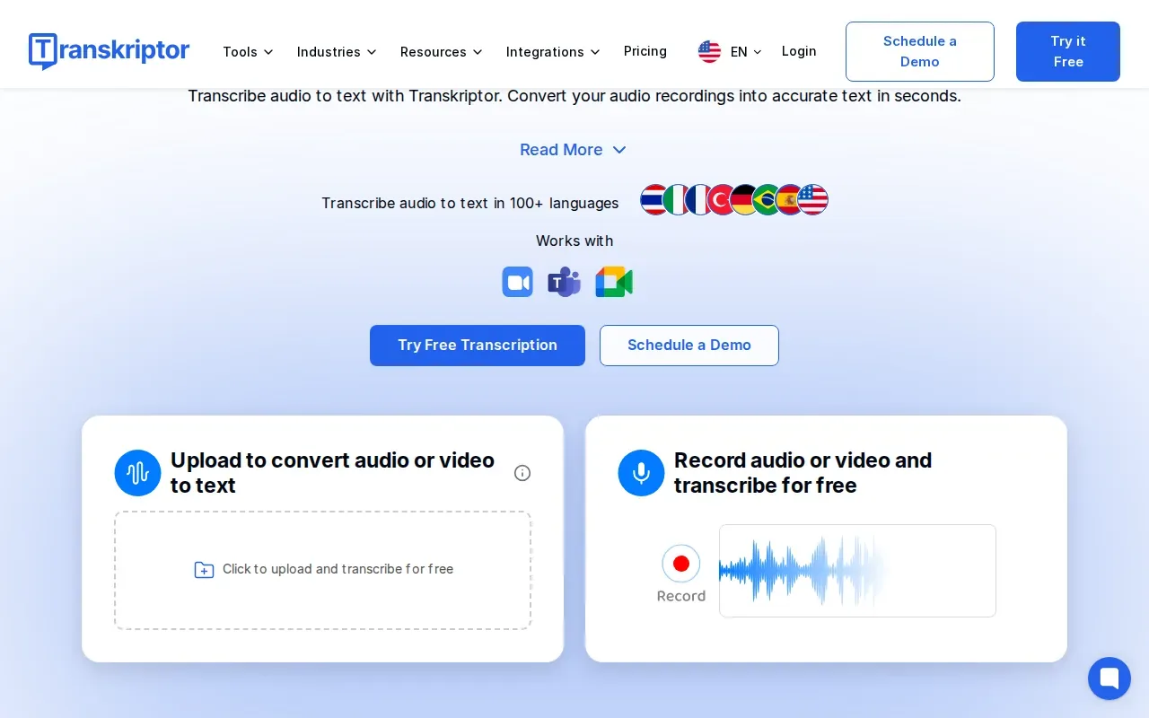 Screenshot of the Transkriptor website