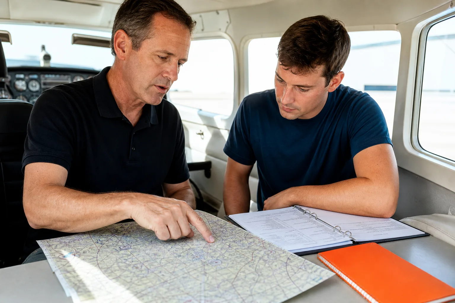 flight instructor and student reviewing spin training recovery and stall prevention after a lesson.