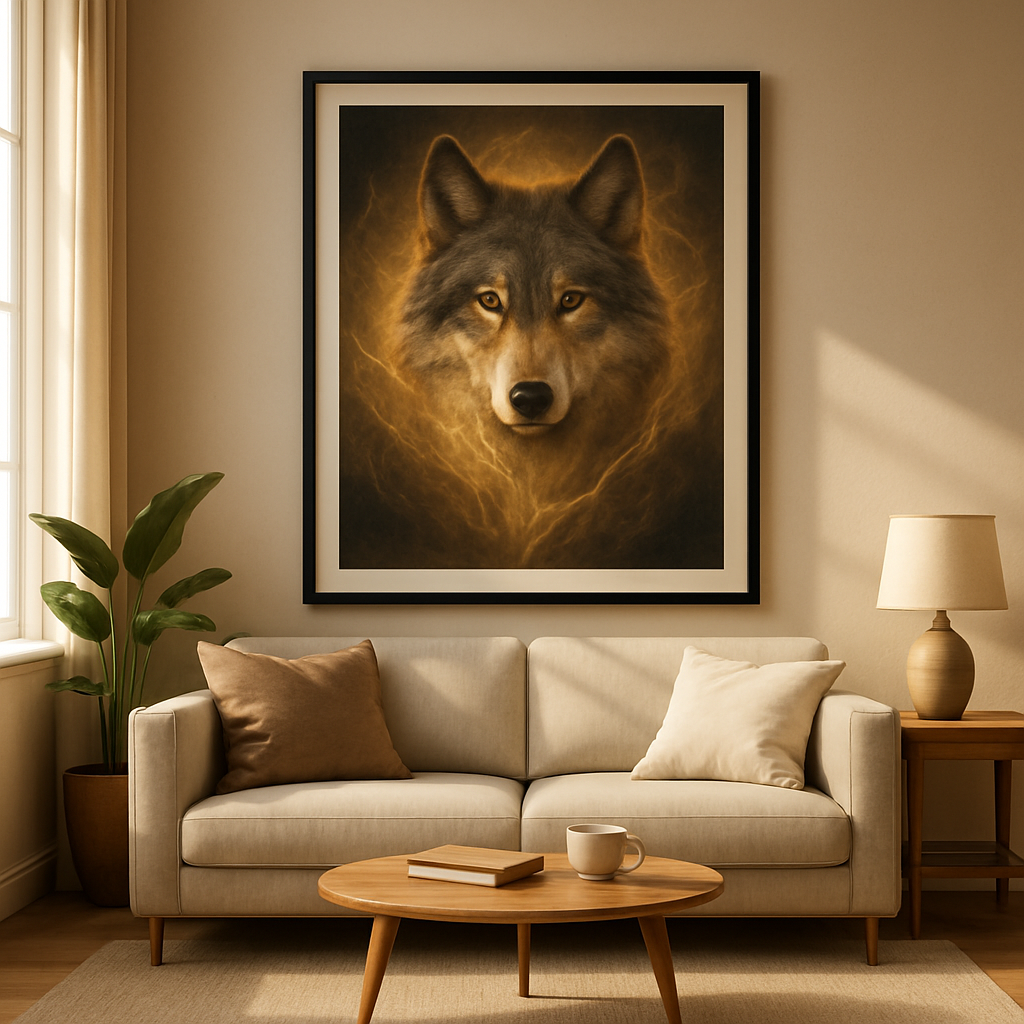 A sunlit living room with a large wolf spirit animal wall art print centered above a modern sofa, warm natural light highlighting the print’s details. Alt: spirit animal wall art wolf print in a stylish living room