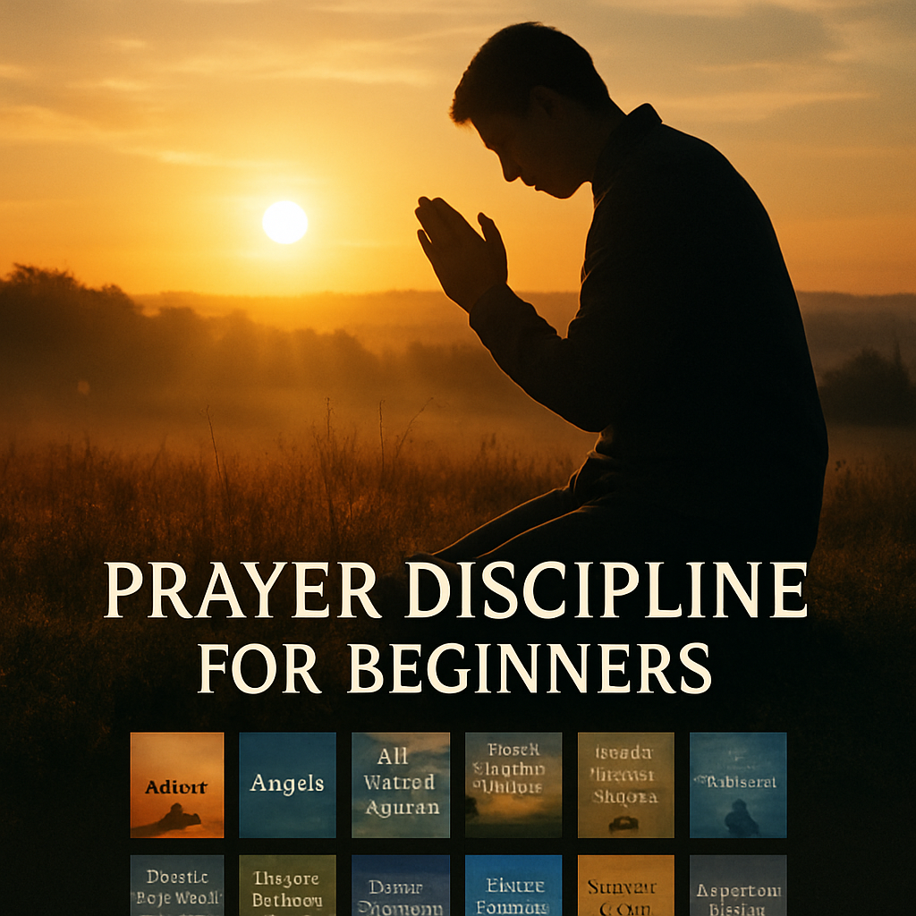 A person kneeling in prayer at sunrise, soft light, peaceful atmosphere. Alt: Prayer discipline for beginners