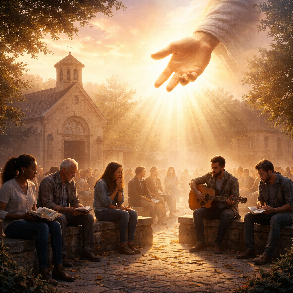 A cinematic, photorealistic scene of a soft sunrise over a quiet church courtyard, a diverse group of people sitting on stone benches, some holding Bibles, others playing instruments, with a subtle glow highlighting a gentle hand reaching out, representing the divine bestowal of spiritual gifts contrasted with everyday talents. Alt: Spiritual gifts vs talents illustration showing divine empowerment and natural abilities.