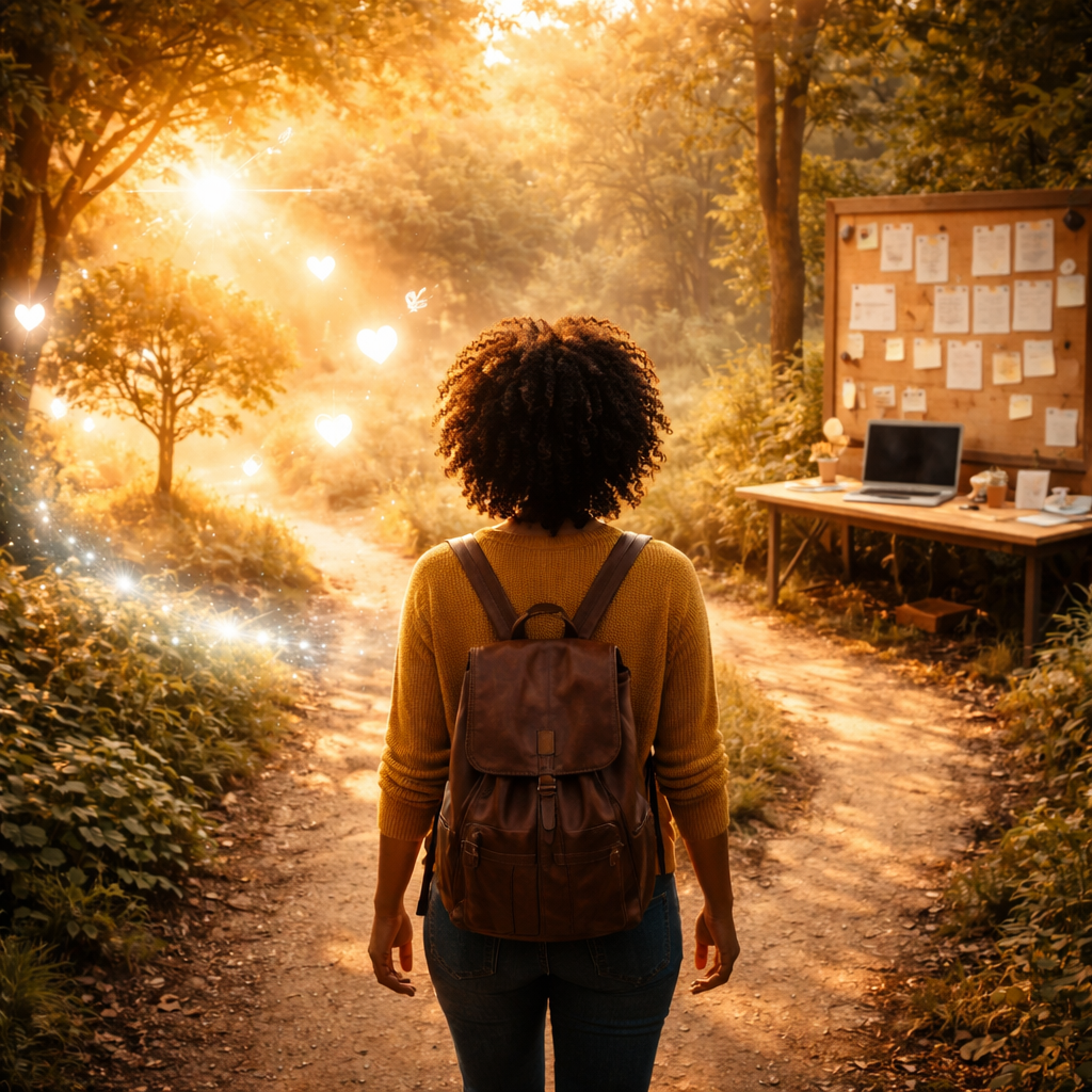 A Cinematic image showing a diverse person standing at a split path—one side glowing softly with a spiritual-gift aura, the other side organized with notes and a laptop—sunlit, warm tones, symbolizing the balance of gifts and talents in daily life. Alt: Cinematic depiction of spiritual gifts vs talents in everyday growth.