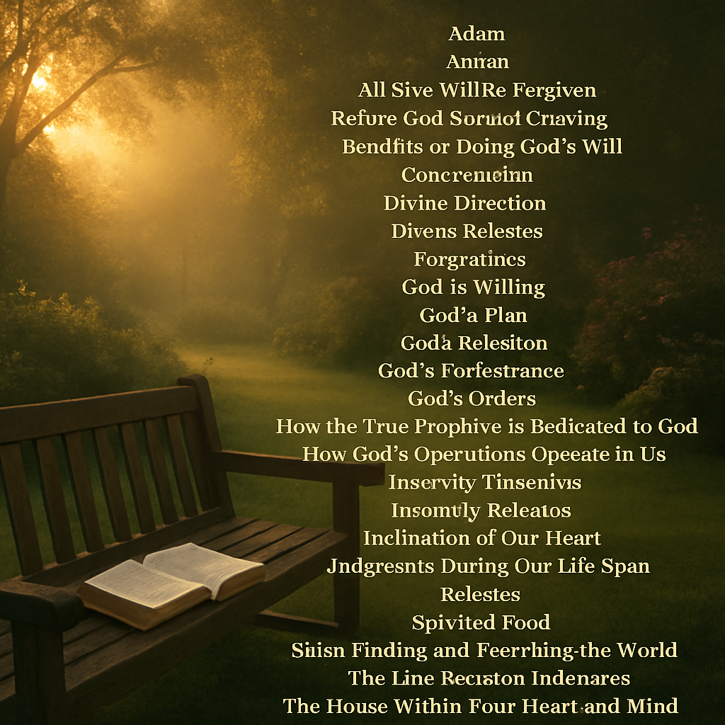 A serene garden at dawn, with soft light filtering through trees, a wooden bench, and an open Bible resting on it. Alt: Spiritual self help book garden meditation scene.