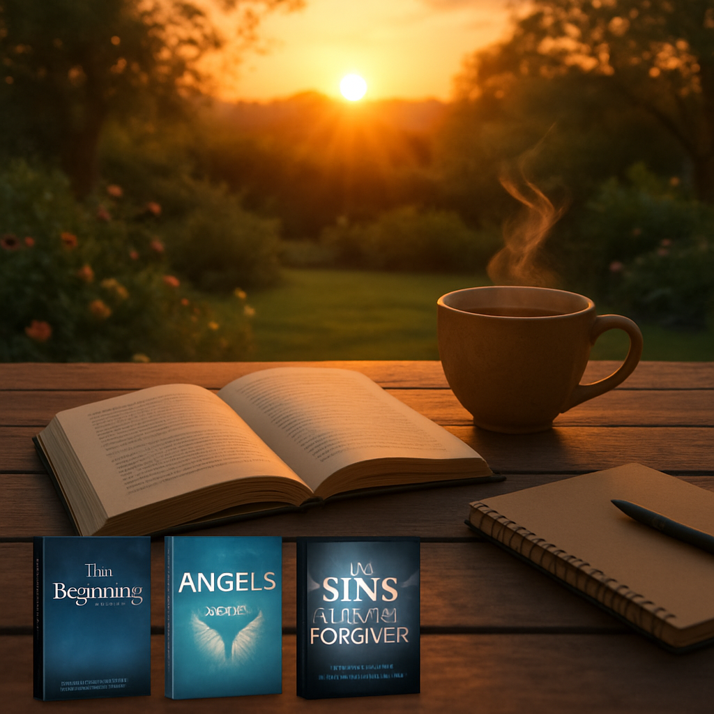 A warm sunrise over a quiet garden table with an open spiritual self help book, a steaming cup of tea, and a notebook for reflection. Alt: Spiritual food nourishing the soul daily.