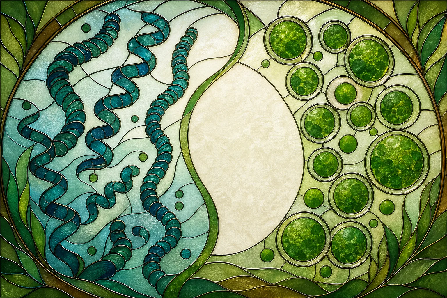Stained glass comparison of spirulina and chlorella cells and pigments.