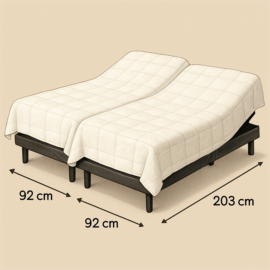 An illustration of two side‑by‑side adjustable bed bases, each labeled 92 cm × 203 cm, with a single quilt draped evenly across both sides. Alt: split king adjustable bed dimensions visual guide.