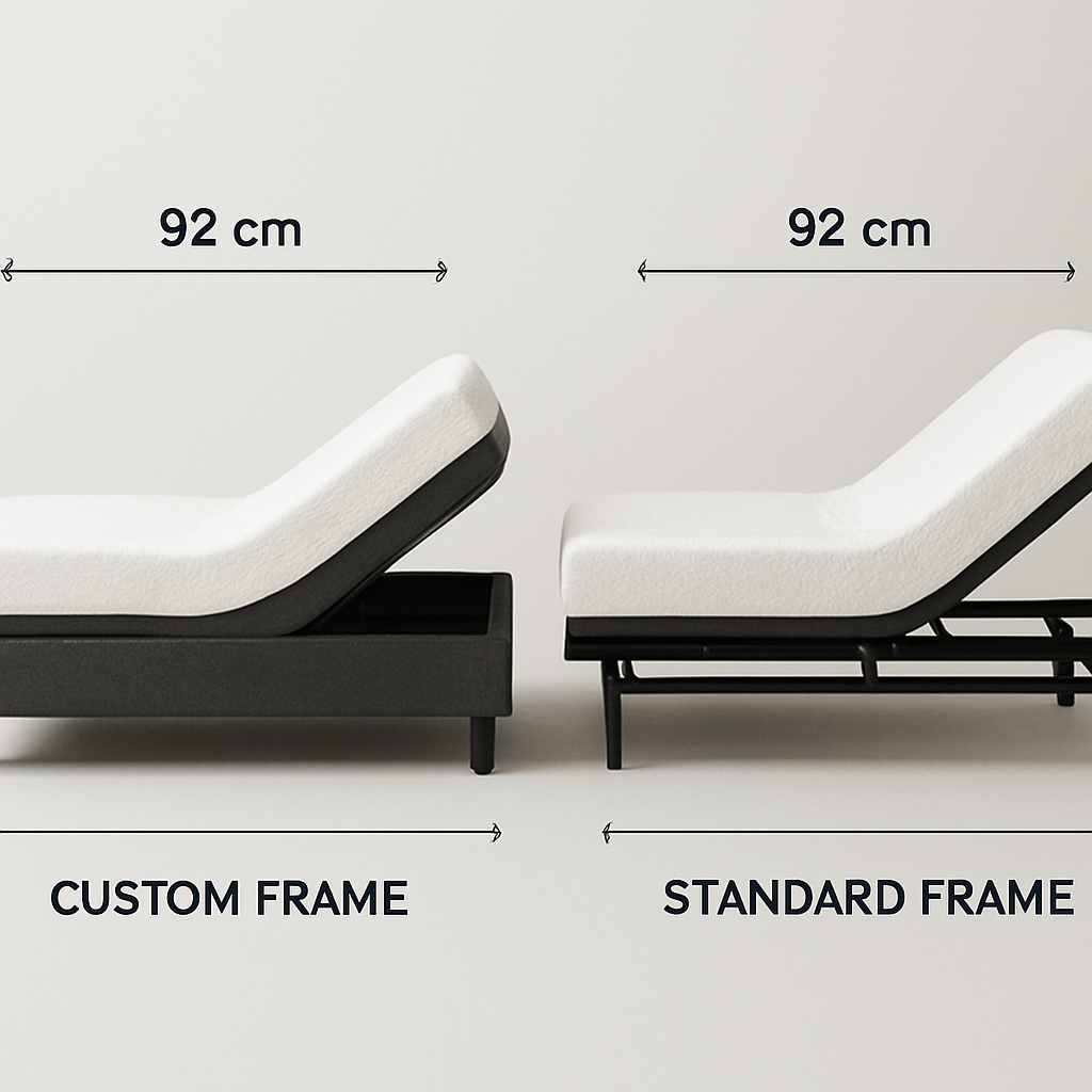 A split-king adjustable bed with labeled dimensions 92cm x 203cm per side, side-by-side side view, showing custom and standard frames. Alt: Split king adjustable bed dimensions comparison.