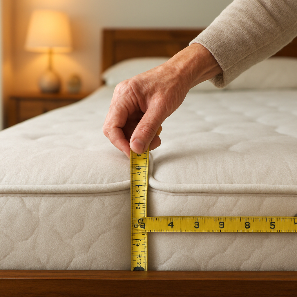 A photorealistic close‑up of a person measuring the gap between two split king mattresses with a flexible tape measure, showing the tape crossing the seam, soft bedroom lighting, Australian home setting, appealing to elderly and chronic‑pain audiences. Alt: Measuring split king bed frame gap for gap filler