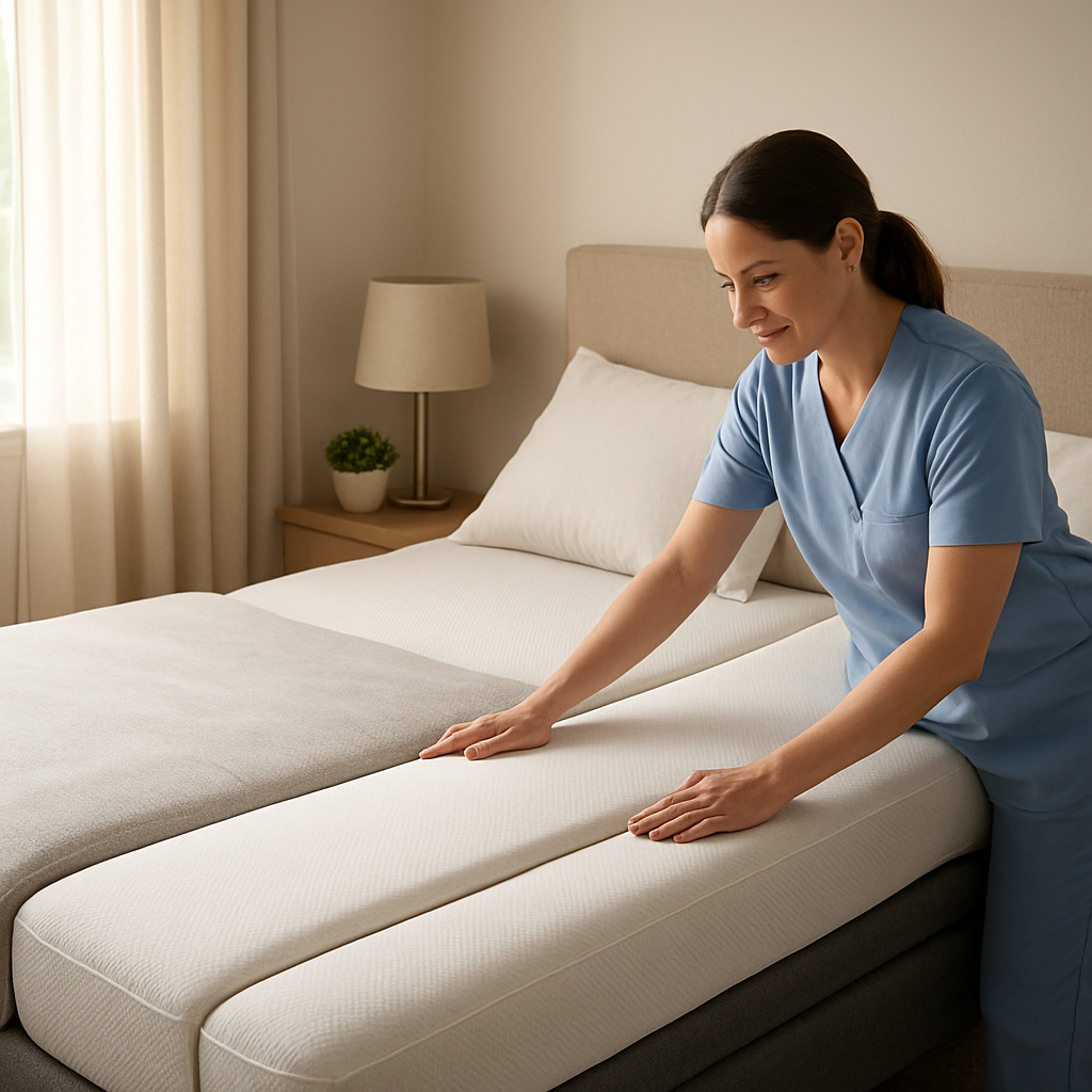 A photorealistic scene of an Australian bedroom with a split king adjustable bed, a caregiver gently smoothing a split king gap filler under a breathable cover, soft morning light through a window, highlighting the seamless seam. Alt: split king gap filler maintenance and final finish.