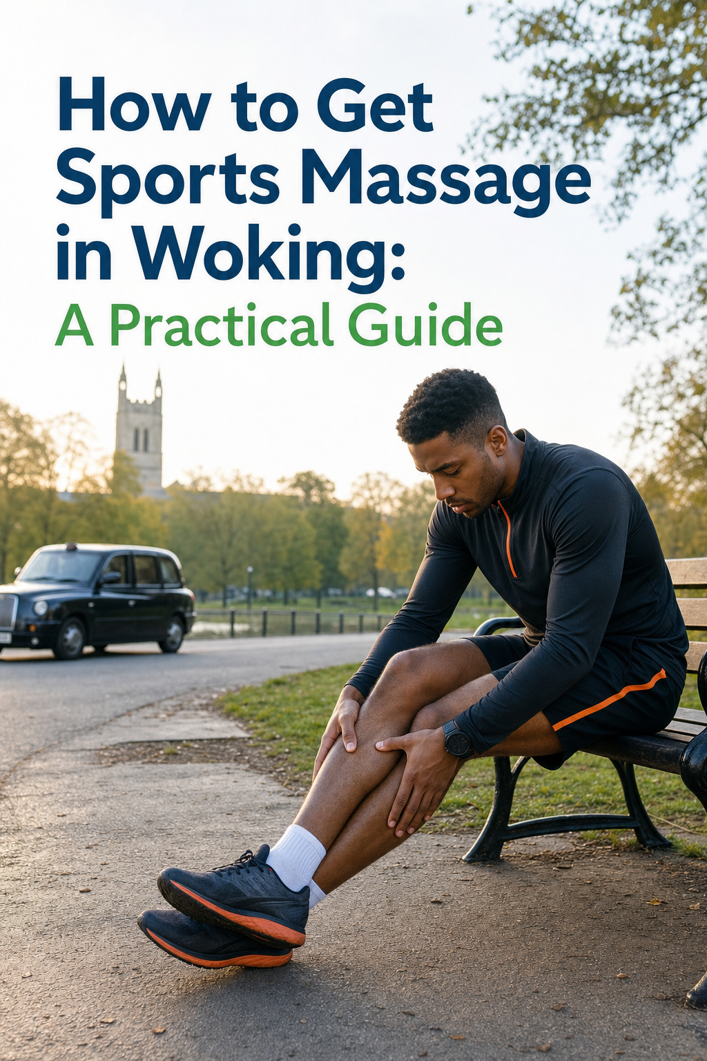A realistic photo of a runner gently massaging a tight calf muscle on a park bench after a run, soft morning light, with subtle orange accent on their training kit. Alt: deciding whether sports massage in Woking is right for tired muscles
