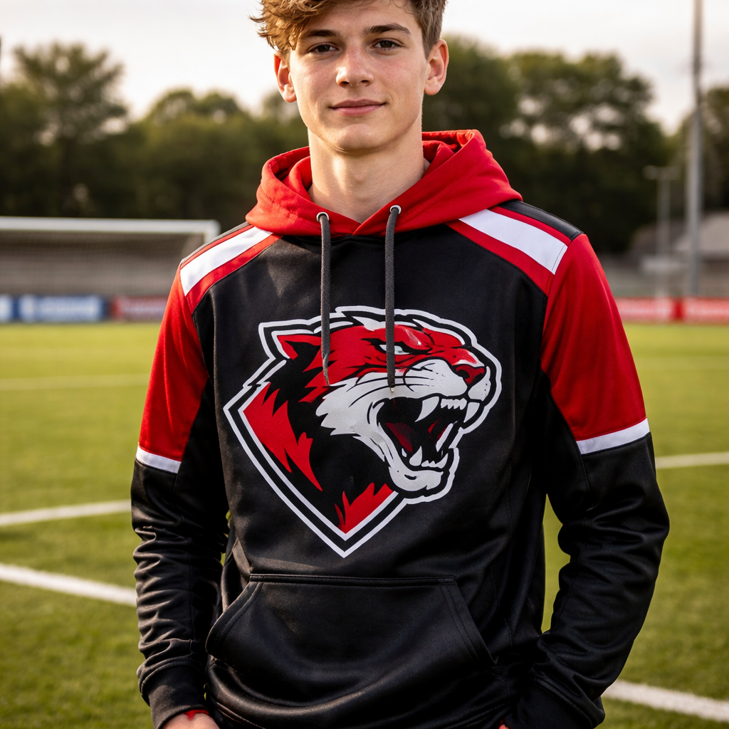 A photorealistic image of a teen athlete wearing a custom sports team hoodie with a bold mascot logo, standing on a soccer field, showing the fabric texture and print detail. Alt: sports team hoodie print on demand design example.