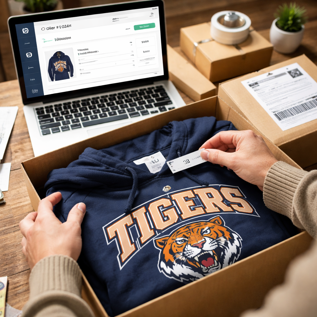 A photorealistic scene of a parent opening a package with a custom sports team hoodie, checking the size tag, and a laptop showing an order dashboard. Alt: sports team hoodie print on demand order management and shipping.