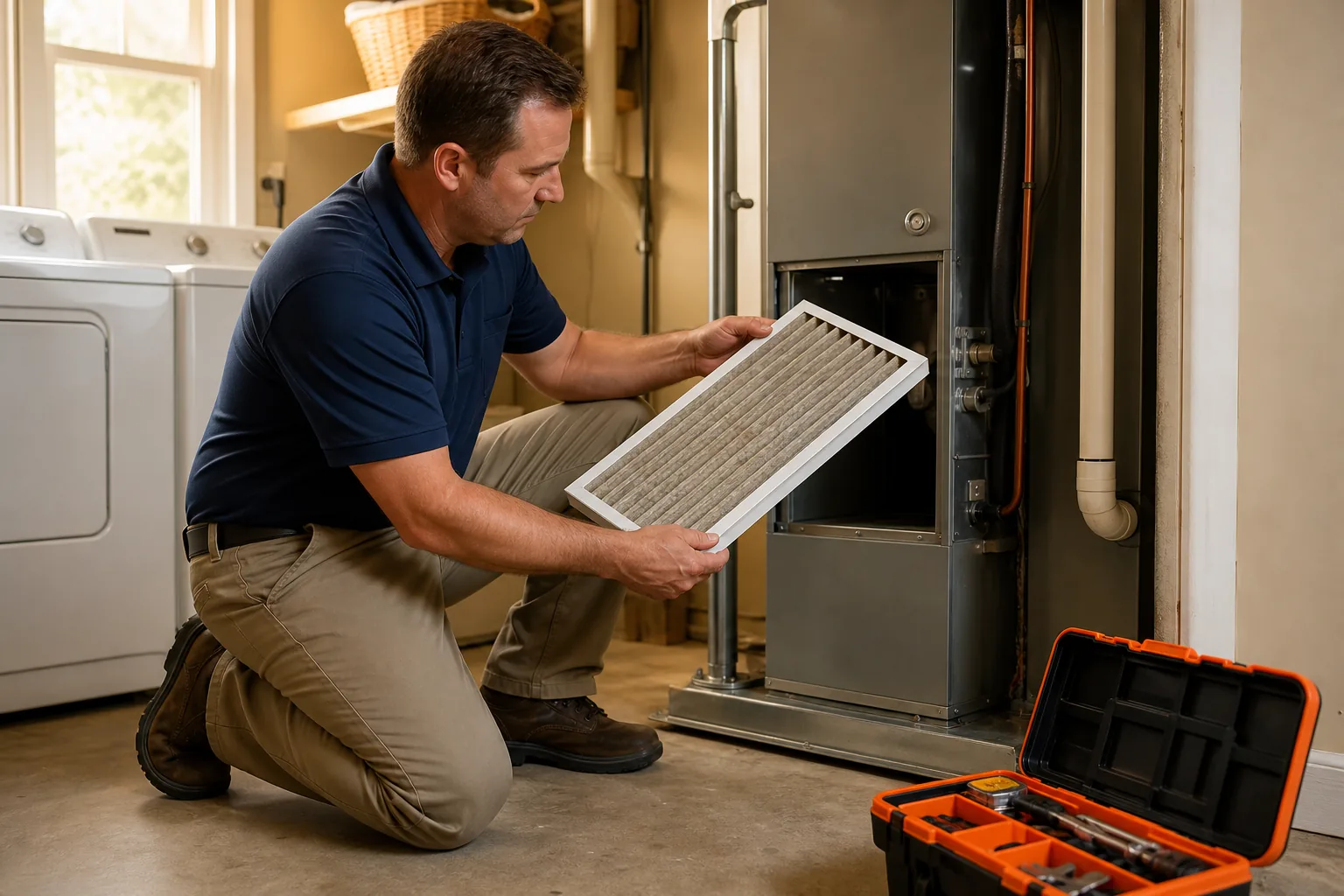 HVAC air filter inspection for spring pollen and indoor allergies.