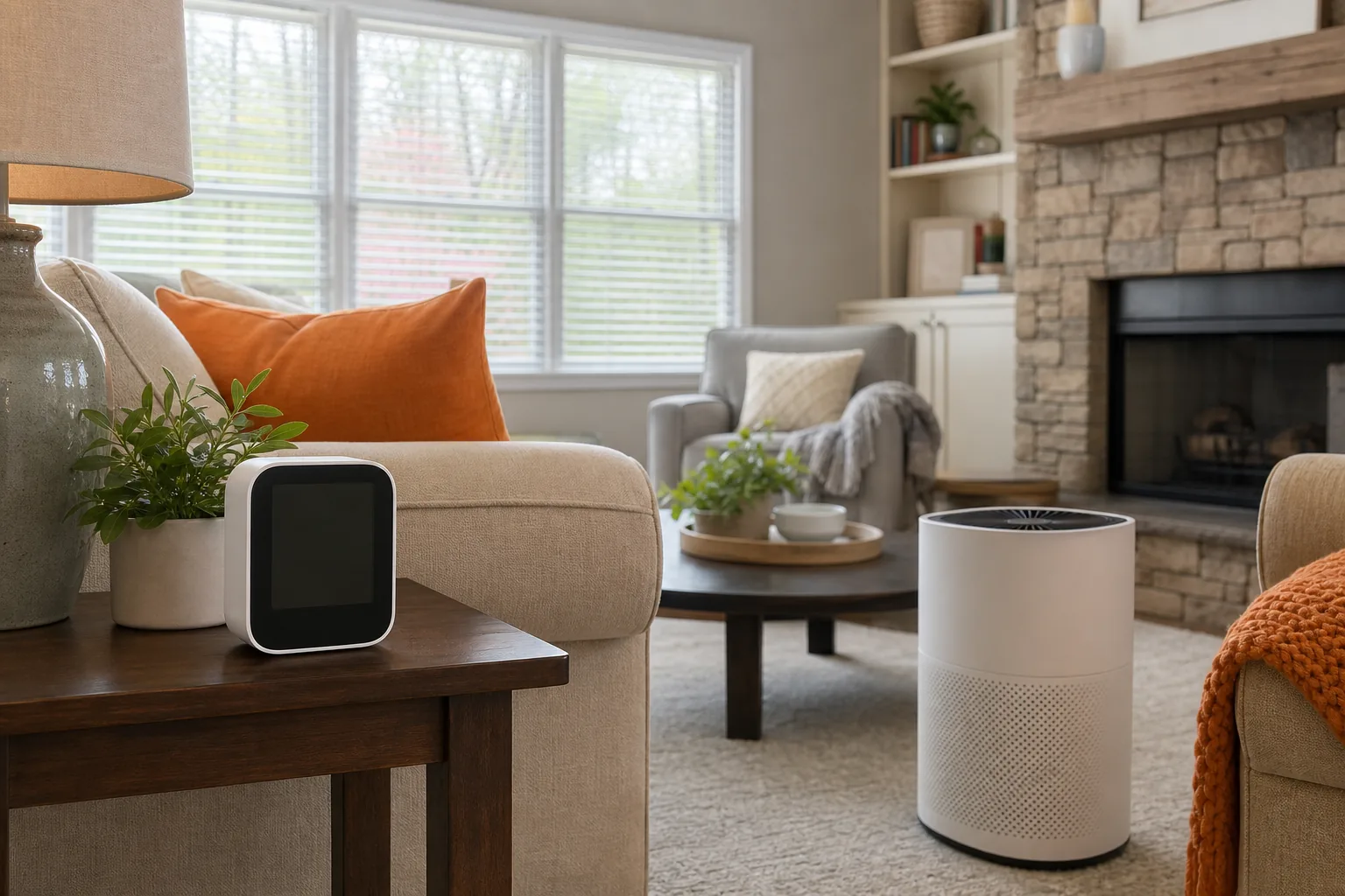 Indoor air quality monitor and portable air purifier for spring allergies.