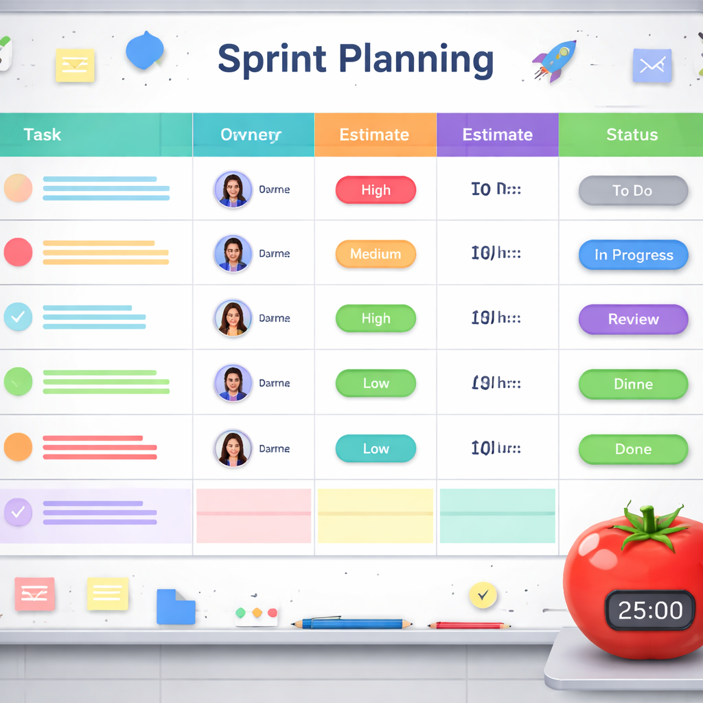 An illustration of a clean sprint planning template spread across a digital board, showing columns Task, Owner, Priority, Estimate, Status with colorful rows and a Pomodoro timer icon. Alt: Sprint planning template layout.