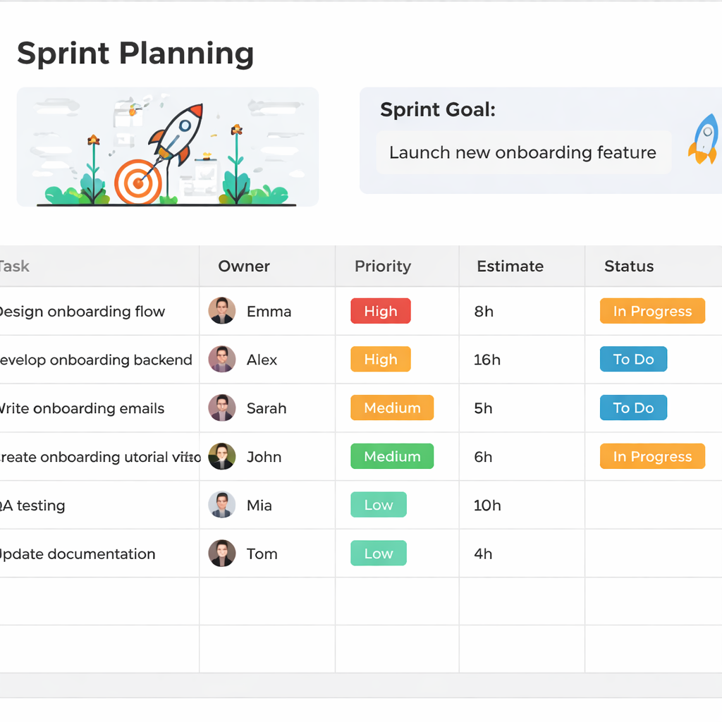 A clean sprint planning spreadsheet with columns for Task, Owner, Priority, Estimate, Status and visual sprint goal. Alt: Sprint planning template layout with task details and priority ordering.
